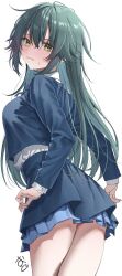 Rule 34 | 1girl, absurdres, blue jacket, blue skirt, blush, commentary request, cowboy shot, cropped jacket, from behind, gakuen idolmaster, green eyes, green hair, hair between eyes, highres, idolmaster, jacket, kawai ritsu (rits meg), layered skirt, long hair, long sleeves, looking at viewer, open mouth, shirt, signature, simple background, skirt, solo, thighs, tsukimura temari, upper body, white background, white shirt