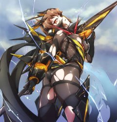 Rule 34 | 10s, 1girl, arched back, ass, blood, bloody tears, bodysuit, breasts, brown hair, corruption, covered erect nipples, dark persona, gauntlets, gloves, glowing, head tilt, headgear, highres, holding, ignite module, lightning, looking at viewer, looking back, medium breasts, niko (tama), open mouth, orange eyes, polearm, senki zesshou symphogear, shiny clothes, short hair, skin tight, solo, spear, tachibana hibiki (symphogear), torn bodysuit, torn clothes, weapon