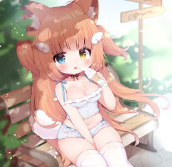Rule 34 | 1girl, :p, absurdres, ahoge, animal ear fluff, animal ears, bench, between legs, blue eyes, breasts, brown hair, camisole, cat ears, cleavage, crop top, cutoffs, denim, denim shorts, eating, food, food on body, food on breasts, hair ornament, hairclip, hand between legs, heterochromia, highres, ice cream, licking, long hair, medium breasts, midriff, momozu komamochi, navel, original, outdoors, short shorts, shorts, sitting, solo, tail, thick thighs, thighhighs, thighs, tongue, tongue out, two side up, very long hair, white camisole, white thighhighs, yellow eyes