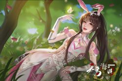 Rule 34 | 1girl, animal ears, brown hair, bug, butterfly, collar, douluo dalu, dress, flower, glowing, glowing butterfly, grass, hair ornament, highres, insect, long hair, looking at viewer, lying, metal collar, on side, open mouth, pink dress, ponytail, rabbit ears, shi xiao tiantian ya zz, solo, teeth, tree, upper body, xiao wu (douluo dalu)