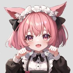 Rule 34 | 1girl, :d, animal ear fluff, black bow, black dress, blush, bow, collared dress, commentary request, dress, fanteam, grey background, hair between eyes, hands up, highres, long sleeves, looking at viewer, maid, open mouth, original, pink hair, puffy long sleeves, puffy sleeves, red eyes, simple background, smile, solo, upper body