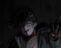 Rule 34 | 1boy, bandaged neck, bandages, bare pectorals, black gloves, black hair, blood, blood on chest, blood on clothes, blood on face, blood on gloves, blood on mask, bloody weapon, blue eyes, caught, collarbone, cropped, crowbar, gloves, hair between eyes, highres, holding, holding weapon, male focus, mask, mouth mask, open mouth, original, over shoulder, pectorals, sleeves past wrists, smile, solo, spleen211, teeth, upper body, upper teeth only, weapon, weapon over shoulder