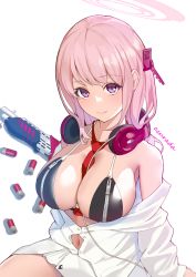 Rule 34 | 1girl, artist name, asurada yui, between breasts, bikini, black bikini, blue archive, blush, breasts, cleavage, closed mouth, eimi (blue archive), gun, halo, headphones, headphones around neck, highres, large breasts, long hair, looking at viewer, navel, necktie, necktie between breasts, off shoulder, open clothes, open shirt, partially unbuttoned, pink hair, purple eyes, red necktie, shirt, smile, solo, swimsuit, weapon, white shirt, zipper, zipper pull tab
