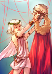 Rule 34 | 1boy, ancient greek clothes, armband, bad id, bad pixiv id, cape, chiton, command spell, dark persona, fate/zero, fate (series), ffw2009, greco-roman clothes, greece, head wreath, male focus, red eyes, skull, solo, toga, tunic, waver velvet, white hair