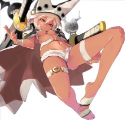 Rule 34 | 1girl, arc system works, barefoot, belt, belt bra, breasts, cape, creature, dark-skinned female, dark skin, dual wielding, feet, guilty gear, guilty gear xrd, hat, highres, holding, kumonji aruto, long hair, looking down, ramlethal valentine, red eyes, sack, short shorts, shorts, simple background, small breasts, solo, sword, thigh strap, toes, underboob, weapon, white background, white hair