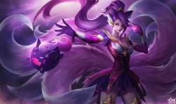 Rule 34 | 1girl, ahri (league of legends), alternate costume, boots, breasts, citemer, cleavage, elbow gloves, fox girl, fox tail, gloves, heart, highres, league of legends, long hair, magical girl, md5 mismatch, medium breasts, multiple tails, pink eyes, ponytail, purple hair, resized, tail, thighhighs, upscaled, very long hair, zettai ryouiki