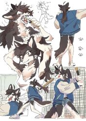 Rule 34 | 1girl, :q, ^ ^, ahoge, animal ears, animal nose, arms behind head, barefoot, baseball, baseball bat, baseball jersey, black fur, black hair, black nails, blue jacket, blue shorts, body fur, brushing teeth, closed eyes, commentary, cropped legs, cropped torso, dog ears, dog girl, dog tail, facing away, fang, fang out, fangs, fingernails, full body, furry, furry female, highres, holding, holding baseball bat, holding toothbrush, jacket, jersey, long hair, long sleeves, messy hair, multiple views, open mouth, orange eyes, original, pink footwear, ponytail, rata (norahasu), sharp fingernails, shoes, shorts, simple background, slit pupils, smile, sneakers, snout, standing, symbol-only commentary, tail, tank top, tongue, tongue out, toothbrush, tying hair, upper body, white background, white fur, white tank top