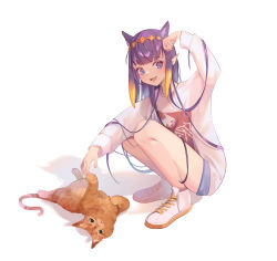Rule 34 | 1girl, :d, animal ear fluff, animal ears, arm up, bare legs, blonde hair, blush, cat, cat ears, fang, full body, highres, hololive, hololive english, long hair, long sleeves, meiyan (boyimachao), mole, mole under eye, multicolored hair, ninomae ina&#039;nis, open mouth, pointy ears, purple eyes, purple hair, shirt, shoes, smile, solo, squatting, streaked hair, tiara, very long hair, virtual youtuber, white footwear, white shirt