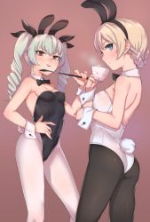 Rule 34 | 10s, 2girls, anchovy (girls und panzer), animal ears, ass, bad id, bad twitter id, blonde hair, blue eyes, bow, bowtie, braid, breasts, rabbit ears, rabbit tail, covered navel, cup, darjeeling (girls und panzer), detached collar, drill hair, covered erect nipples, fake animal ears, girls und panzer, green hair, highres, kyuuso inukami, long hair, multiple girls, pantyhose, playboy bunny, riding crop, short hair, small breasts, smile, standing, steam, tail, teacup, twin drills, twintails, white legwear, wrist cuffs