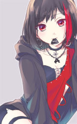 Rule 34 | 1girl, :|, bad id, bad pixiv id, bang dream!, black choker, black hair, black jacket, breasts, chain necklace, choker, cleavage, closed mouth, cross-laced clothes, earrings, grey background, group name, hood, hood down, hooded jacket, hoop earrings, jacket, jewelry, long sleeves, looking at viewer, mitake ran, mouth hold, multicolored hair, necklace, pendant, plectrum, red eyes, red hair, short hair, solo, streaked hair, thigh strap, yoito chimo