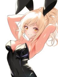 Rule 34 | 1girl, animal ears, armpits, arms behind head, arms up, black leotard, blonde hair, borgbutler, breasts, fake animal ears, highres, large breasts, leotard, long hair, looking at viewer, love live!, love live! nijigasaki high school idol club, miyashita ai, playboy bunny, ponytail, rabbit ears, simple background, smile, solo, strapless, strapless leotard, upper body, white background, yellow eyes