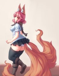 Rule 34 | 1girl, animal ear fluff, animal ears, black thighhighs, boots, borrowed character, breasts, curvy, fox ears, fox tail, from behind, full body, hair ornament, hairclip, highres, looking back, medium breasts, miniskirt, monorus, multiple tails, nia (arceonn), original, panties, pantyshot, pink hair, red eyes, scarf, short hair, skirt, solo, standing, tail, thick thighs, thighhighs, thighs, underwear, white panties, wide hips