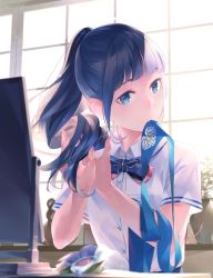 Rule 34 | 1girl, aoi ch., black hair, blue eyes, blunt bangs, blurry, blush, bow, commentary request, depth of field, fuji aoi, highres, long hair, mole, mole under eye, mouth hold, ponytail, school uniform, solo, sousou (sousouworks), tying hair, virtual youtuber, window