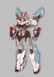 Rule 34 | 1980s (style), 1boy, autobot, blue eyes, full body, grey background, highres, insignia, jeulove-sma11-white, male focus, mecha, no humans, oldschool, prowl (transformers), retro artstyle, robot, simple background, solo, standing, transformers