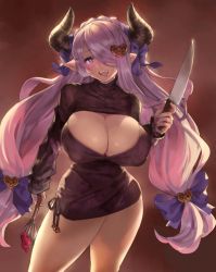 Rule 34 | 1girl, batter, black sweater, blue eyes, blush, bow, braid, breasts, cleavage, commentary, draph, eu03, french braid, frills, granblue fantasy, hair bow, hair over one eye, heart cutout, hip focus, horns, huge breasts, knife, light purple hair, long hair, looking at viewer, low tied hair, meme attire, narmaya (granblue fantasy), open-chest sweater, open mouth, pointy ears, ribbed sweater, smile, solo, sweater, thighs, turtleneck, turtleneck sweater, twintails, whisk, yandere