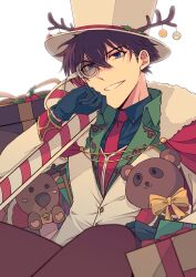 1boy animal_ears black_gloves black_hair black_shirt blue_eyes bow cape christmas christmas_ornaments collared_shirt deer_ears fake_animal_ears formal fur-trimmed_cape fur_trim gift gloves grin hair_between_eyes hat highres kaitou_kid kuroba_kaito long_sleeves looking_at_viewer magic_kaito male_focus meitantei_conan monocle monocle_chain necktie open_mouth red_cape red_necktie sekai9010 shirt short_hair simple_background sleigh smile solo stuffed_animal stuffed_toy suit teddy_bear teeth top_hat white_background white_hat white_suit yellow_bow