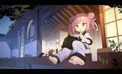 Rule 34 | 2girls, absurdres, animal ears, barefoot, black overalls, dog ears, dog girl, dog tail, double bun, dougi, feet, finger to mouth, green eyes, hair bun, highres, karate gi, lap pillow, letterboxed, long hair, looking at viewer, lying, multiple girls, on back, original, outdoors, overall shorts, overalls, pants, pink hair, shio (shiofeifei), shirt, shushing, sitting, sleeping, soles, strap slip, tail, toes, twintails, white pants, white shirt