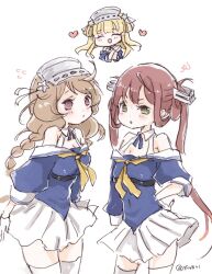 Rule 34 | 3girls, asagumo (kancolle), blonde hair, blue shirt, braid, breasts, brown eyes, brown hair, cleavage, commentary request, cosplay, fletcher (kancolle), fletcher (kancolle) (cosplay), gloves, gradient hair, grey eyes, hair ornament, hair ribbon, hairband, kantai collection, light brown hair, long hair, matching outfits, medium breasts, miko (35nikomi), minegumo (kancolle), multicolored hair, multiple girls, off shoulder, one-hour drawing challenge, pleated skirt, ribbon, sailor collar, school uniform, serafuku, shirt, skirt, small breasts, star (symbol), star hair ornament, thighhighs, twin braids, twintails, white gloves, white sailor collar, white skirt, white thighhighs