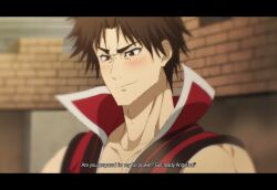 1boy blush brown_eyes brown_hair commentary english_commentary english_text high_collar highres jacket letterboxed male_focus popped_collar red_jacket rick_gladiatol shinmai_ossan_bokensha short_hair sleeveless sleeveless_jacket smile solo subtitled upper_body v-shaped_eyebrows zuharu