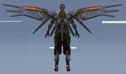 Rule 34 | android, blue background, commentary, english commentary, from behind, highres, humanoid robot, mechanical wings, no humans, open hands, original, procreate (medium), robot, science fiction, siku199, standing, symmetry, wings