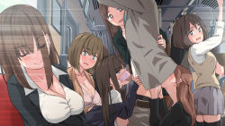 Rule 34 | 1boy, 6+girls, anilingus, breasts, brown hair, censored, cleavage, closed eyes, clothes pull, fellatio, fellatio under mask, hair over one eye, highres, large breasts, light brown hair, long hair, looking at another, mask, mosaic censoring, mouth mask, multiple girls, nymphomatic city, open mouth, oral, original, pants, pants pull, penis, public indecency, school uniform, short hair, sitting, skirt, sleeping, standing, surgical mask, touji (tj studio), train, train interior, vest