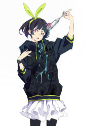 Rule 34 | 1girl, absurdres, arm up, black hair, black jacket, black pantyhose, commentary request, cowboy shot, cup, drawstring, green hairband, green ribbon, hair ribbon, hairband, highres, holding, holding cup, hood, hood down, hooded jacket, jacket, layered skirt, long sleeves, original, pantyhose, pleated skirt, popman3580, print jacket, puffy long sleeves, puffy sleeves, purple eyes, ribbon, simple background, skirt, solo, watch, white background, white skirt, wristwatch