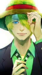 Rule 34 | 1boy, blonde hair, blue eyes, chinese commentary, closed mouth, commentary request, curly eyebrows, facial hair, formal, goatee, hair over one eye, hat, highres, holding, holding necktie, looking at viewer, male focus, necktie, one eye covered, one piece, sanji (one piece), short hair, simple background, smile, solo, straw hat, suit, vovo2000, white background
