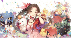 Rule 34 | 1boy, 1girl, :d, ^ ^, aerith gainsborough, birthday cake, blush, bomb (final fantasy), breasts, brown hair, cake, chocobo, choker, cleavage, cloak, closed eyes, cloud strife, confetti, cosplay, cropped jacket, dress, final fantasy, final fantasy vii, food, gift, hair intakes, happy birthday, highres, jacket, kieta, long hair, malboro, md5 mismatch, medium breasts, moogle, open clothes, open jacket, open mouth, pink dress, rabbit, resolution mismatch, sabotender, smile, source larger, tonberry, tonberry (cosplay), twintails, upper body