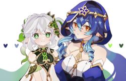 Rule 34 | 2girls, bare shoulders, blue hair, blue hood, breasts, bright pupils, child, cross-shaped pupils, detached sleeves, dress, drill hair, drill sidelocks, genshin impact, geppeikun, gold choker, gradient hair, green eyes, green hair, hair between eyes, hair ornament, highres, hood, jewelry, juliet sleeves, layla (genshin impact), long hair, long sleeves, medium breasts, multicolored hair, multiple girls, nahida (genshin impact), pointy ears, puffy sleeves, side ponytail, sidelocks, symbol-shaped pupils, white dress, white hair, white pupils, yellow eyes