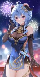 Rule 34 | 1girl, ahoge, bare shoulders, bell, black gloves, blue dress, blue hair, blurry, blurry background, breasts, closed mouth, detached sleeves, dress, fireworks, ganyu (genshin impact), ganyu (twilight blossom) (genshin impact), genshin impact, gloves, goat horns, highres, horns, ien (to yen), large breasts, looking at viewer, neck bell, night, night sky, official alternate costume, official alternate hairstyle, outdoors, pink eyes, sidelocks, sky, smile, solo, standing, star (sky), starry sky