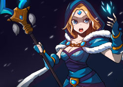 Rule 34 | 1girl, :o, blonde hair, blue dress, blue eyes, blue gloves, breasts, cape, cleavage, crystal maiden, dota (series), dota 2, dress, fingerless gloves, forehead jewel, fur-trimmed cape, fur trim, gloves, highres, holding, holding wand, ice, lataedelan, magic, medium hair, open mouth, snowing, solo, teeth, wand