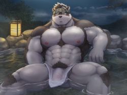 Rule 34 | 1boy, abs, absurdres, animal ears, bara, body fur, bulge, chest hair, chizo (chizo67), covering privates, facial scar, feet out of frame, furry, furry male, grey fur, grey hair, highres, horkeu kamui, lantern, large pectorals, male focus, male pubic hair, multicolored hair, muscular, muscular male, navel, nipples, nude cover, onsen, paid reward available, partially submerged, pectorals, penis, pubic hair, paid reward available, scar, scar on cheek, scar on chest, scar on face, see-through, short hair, solo, spread legs, stomach, thick thighs, thighs, tokyo houkago summoners, topless male, two-tone fur, two-tone hair, wet towel, white fur, wolf boy, wolf ears, yellow eyes