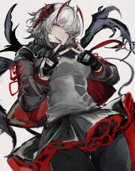 Rule 34 | 1girl, absurdres, antennae, arknights, black gloves, black jacket, black pantyhose, black scarf, black skirt, breasts, covered navel, cowboy shot, demon horns, double v, emiya negi, fang, fingerless gloves, frilled skirt, frills, gloves, grey hair, grey shirt, hands up, highres, horns, impossible clothes, impossible shirt, jacket, light smile, long sleeves, looking at viewer, medium breasts, multicolored clothes, multicolored jacket, open clothes, open jacket, open mouth, pantyhose, red jacket, red skirt, scarf, shirt, short hair, simple background, skirt, solo, two-tone jacket, two-tone skirt, v, w (arknights), white background, yellow eyes