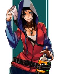 Rule 34 | 1girl, black hair, blue eyes, breasts, cleavage, commentary request, devil may cry (series), dmc: devil may cry, english text, facial mark, forehead mark, hood, hoodie, jacket, jewelry, kat (dmc: devil may cry), medium breasts, medium hair, nanakusa gayu (maple syrup 10324), necklace, solo, spray can