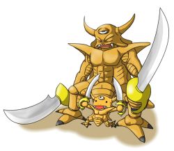 Rule 34 | 2boys, character request, dragon quest, dragon quest v, dual wielding, estark, closed eyes, fangs, father and son, hakori, holding, male focus, monster, multiple boys, puchitark, square enix, sword, third eye, weapon