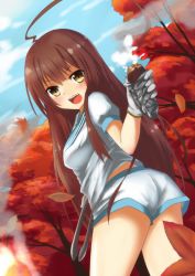 Rule 34 | 10s, 1girl, ahoge, ass, biburu, blush, breasts, brown hair, from behind, gloves, highres, kantai collection, kuma (kancolle), long hair, looking at viewer, looking back, nature, open mouth, orange eyes, potato, sailor, shorts, smile, solo, tree