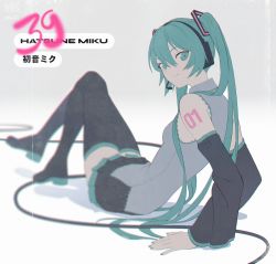 Rule 34 | 1girl, aqua eyes, aqua hair, arm support, bare shoulders, black skirt, black sleeves, black thighhighs, blurry, boots, breasts, cable, character name, closed mouth, detached sleeves, flat color, full body, gradient background, grey background, hair between eyes, hair ornament, hatsune miku, headphones, headset, high heel boots, high heels, highres, light blush, long hair, looking at viewer, microphone, miniskirt, nail polish, on floor, platform boots, platform footwear, shirt, skirt, sleeveless, sleeveless shirt, small breasts, smile, solo, tattoo, thigh boots, thighhighs, twintails, vertigris, very long hair, vocaloid, white background, wide sleeves