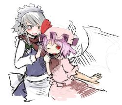 Rule 34 | 2girls, :o, ;d, apron, bat wings, blush, cowboy shot, female focus, frills, izayoi sakuya, looking at viewer, luft, maid, maid apron, maid headdress, multiple girls, one eye closed, open mouth, parted lips, puffy short sleeves, puffy sleeves, remilia scarlet, short sleeves, silver hair, simple background, sketch, smile, touhou, vampire (game), waist apron, white background, wings