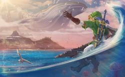 Rule 34 | 1boy, bird, brown gloves, commentary, earrings, english commentary, flying whale, from behind, gloves, green headwear, hat, highres, jellyfish, jewelry, link, master sword, nintendo, ocean, oliver harbour, outdoors, partially underwater shot, pointy ears, raft, seagull, sheath, sheathed, shield, signature, solo focus, sword, sword behind back, the legend of zelda, the legend of zelda: link&#039;s awakening, tunic, underwater, weapon, wet gloves, whale, wind fish