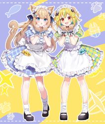 Rule 34 | 2girls, absurdres, animal ear fluff, animal ears, ankle socks, apron, black bow, black choker, black footwear, blonde hair, blue bow, blue eyes, bow, cat ears, cat girl, cat tail, choker, dress, fang, fish hair ornament, frilled apron, frilled dress, frills, full body, green hair, hair ornament, hairpin, hanazono serena, hands up, highres, maid, maid apron, maid headdress, mary janes, multicolored hair, multiple girls, nhot bot, open mouth, paw print, puffy short sleeves, puffy sleeves, purple background, red eyes, seira mint, shoes, short sleeves, skin fang, socks, standing, tail, two-tone background, virtual youtuber, white apron, white socks, wrist cuffs, yellow background, yumesaki nana