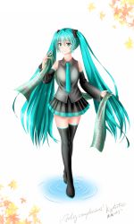 Rule 34 | 2016, absurdres, aqua eyes, aqua hair, bare shoulders, blush, boots, ciphotis, detached sleeves, hair between eyes, hatsune miku, highres, leaf, long hair, nail polish, necktie, skirt, smile, solo, spanish text, thigh boots, thighhighs, twintails, vocaloid, walking, walking on liquid, white background, zettai ryouiki