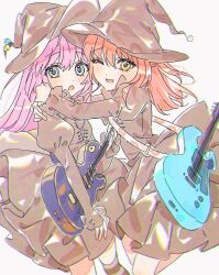 Rule 34 | 2girls, :d, black dress, black headwear, blush, bocchi the rock!, chromatic aberration, commentary, cowboy shot, cube hat ornament, dress, film grain, gotoh hitori, green eyes, guitar, hair between eyes, hat, highres, holding, holding guitar, holding instrument, hug, instrument, juliet sleeves, kita ikuyo, long hair, long sleeves, looking at viewer, multiple girls, one eye closed, open mouth, pink hair, pong (pong o0), puffy sleeves, red hair, sidelocks, smile, white background, witch hat, yuri