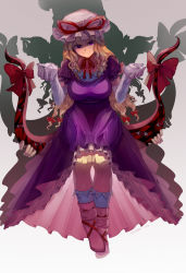 Rule 34 | 1girl, absurdres, afterimage, blonde hair, breasts, choker, closed mouth, dress, elbow gloves, full body, gap (touhou), gloves, gradient background, hat, hat ribbon, head tilt, highres, ichirugi, large breasts, layered dress, legs together, long hair, looking at viewer, mob cap, puffy short sleeves, puffy sleeves, purple dress, red ribbon, ribbon, ribbon choker, shaded face, short sleeves, sitting, smile, socks, solo, touhou, white footwear, white gloves, yakumo yukari