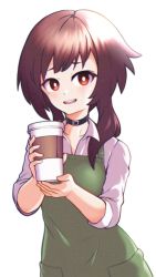 Rule 34 | 1girl, alternate costume, apron, barista, bright pupils, coffee, coffee cup, collared shirt, contemporary, cup, disposable cup, green apron, highres, holding, holding cup, kono subarashii sekai ni shukufuku wo!, looking at viewer, megumin, no headwear, no headwear, red eyes, shirt, short hair, short hair with long locks, simple background, solo, starbucks, teeth, upper body, upper teeth only, wannabepyx, white background, white pupils, white shirt