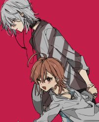 Rule 34 | 1boy, 1girl, accelerator (toaru majutsu no index), age difference, ahoge, black choker, blush, brown eyes, brown hair, choker, earbuds, earphones, eyes visible through hair, grey hair, holding hands, holding, ihako, last order (toaru majutsu no index), looking down, open mouth, parted lips, red background, red eyes, short hair, simple background, smile, toaru majutsu no index
