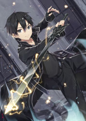 Rule 34 | 1boy, belt, belt buckle, black belt, black hair, black jacket, black pants, black shirt, buckle, closed mouth, collarbone, commentary request, dutch angle, electricity, electrokinesis, gabiran, grey eyes, hair between eyes, holding, holding sword, holding weapon, jacket, kirito, long sleeves, looking at viewer, male focus, open clothes, open jacket, pants, shirt, smile, solo, sword, sword art online, weapon