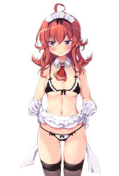 Rule 34 | 1girl, ahoge, apron, apron lift, arashi (kancolle), ascot, bikini, bikini top only, black bikini, breasts, cleavage, clothes lift, commentary request, cowboy shot, detached collar, embarrassed, facing viewer, frilled apron, frilled bikini, frilled bikini top, frills, gloves, gluteal fold, grey thighhighs, kantai collection, looking at viewer, looking to the side, maid, maid bikini, maid headdress, medium breasts, micro bikini, odawara hakone, purple eyes, red ascot, red hair, short hair, simple background, solo, standing, swimsuit, thighhighs, unconventional maid, waist apron, white apron, white background, white gloves