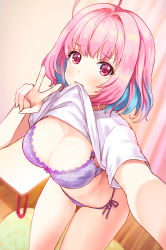 Rule 34 | 1girl, blouse, blue hair, bra, breasts, cleavage, clothes lift, cowboy shot, hair intakes, highres, idolmaster, idolmaster cinderella girls, juke, lace, lace-trimmed bra, lace trim, large breasts, mouth hold, multicolored hair, no pants, panties, pink hair, purple bra, purple panties, shirt, shirt lift, short hair, side-tie panties, solo, standing, teeth, two-tone hair, underwear, v, white shirt, yumemi riamu