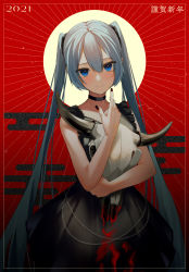 Rule 34 | 1girl, 2021, black choker, black dress, black nails, blood, blood on clothes, blue eyes, blue hair, blush, border, breasts, chinese zodiac, choker, closed mouth, commentary, cow skull, cowboy shot, dress, egasumi, hair between eyes, happy new year, hatsune miku, highres, holding, holding skull, light blue hair, long hair, looking at viewer, multicolored nails, nail polish, new year, osanzi, red background, red nails, rising sun flag, skull, sleeveless, sleeveless dress, small breasts, smile, solo, sunburst, twintails, very long hair, vocaloid, year of the ox