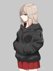 Rule 34 | 1girl, artist name, black hoodie, blue eyes, closed mouth, commentary, cowboy shot, cross, drawstring, girls und panzer, grey background, half-closed eyes, hands in pockets, highres, hood, hood down, hoodie, iron cross, itsumi erika, light smile, long sleeves, looking at viewer, medium hair, miniskirt, pleated skirt, red skirt, signature, silver hair, simple background, skirt, solo, standing, yaegashi isa
